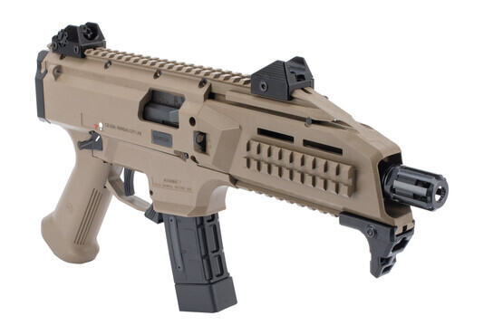 CZ USA 9mm Scorpion EVO 3 S1 FDE pistol features 1/2x28 and M18x1 LH threading with a flash hider.
